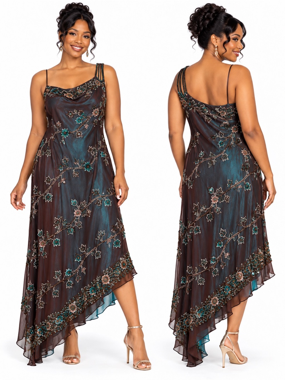 Vintage Scala 100% Silk Asymmetrical Dress Size L Brown Turquoise Beaded NWT